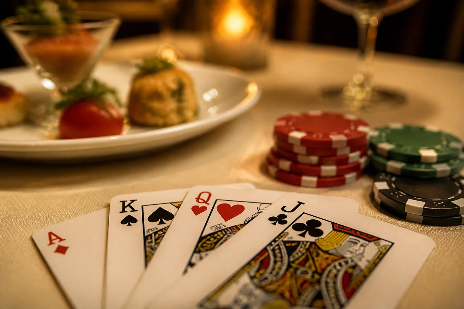Pokeripöydän kortit ja pelimerkit